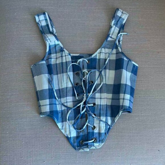Selkie The Tea Towel  Duchess Corset Top Small Lace Up Blue White Check - Picture 5 of 9